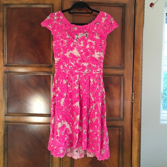 knee length dresses for ladies Faviana S10812 Long Pink Lace Prom Dress